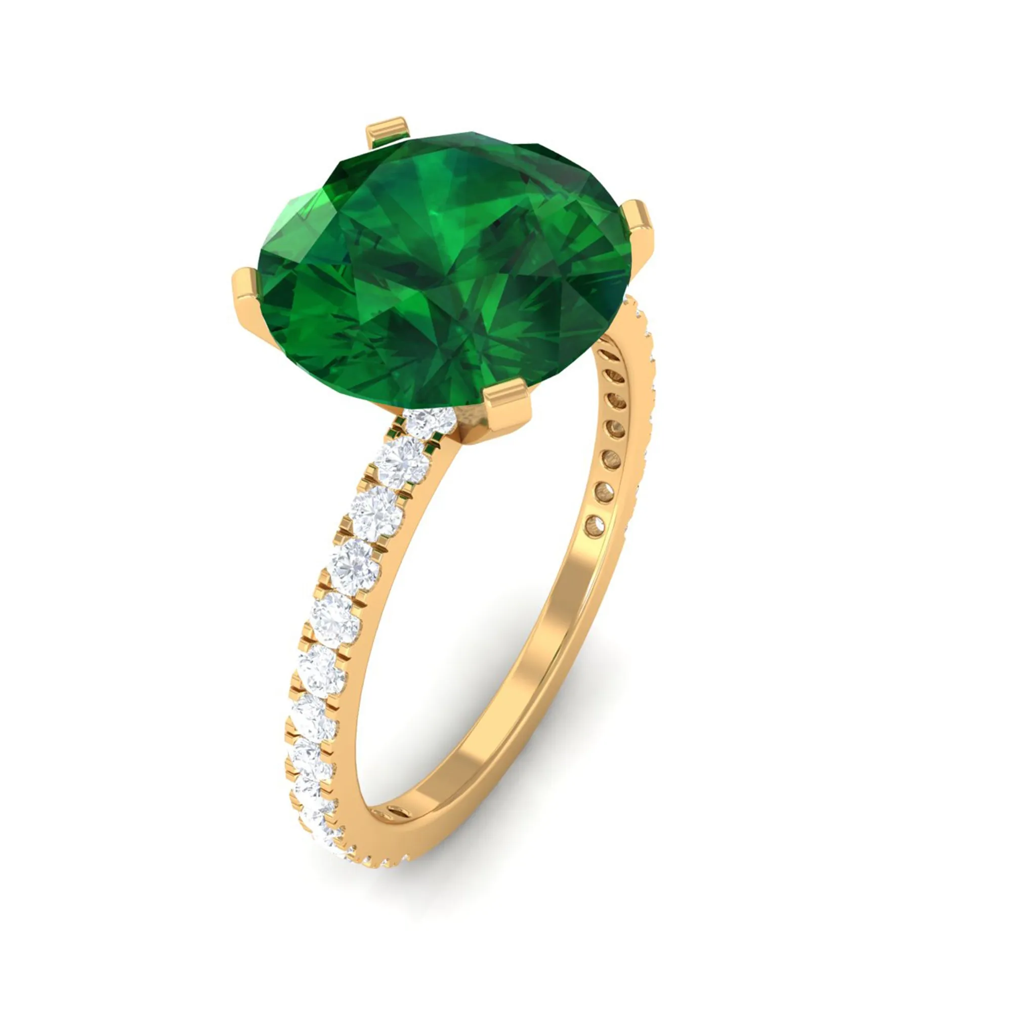 10 MM Round Created Emerald Solitaire Engagement Ring with Diamond