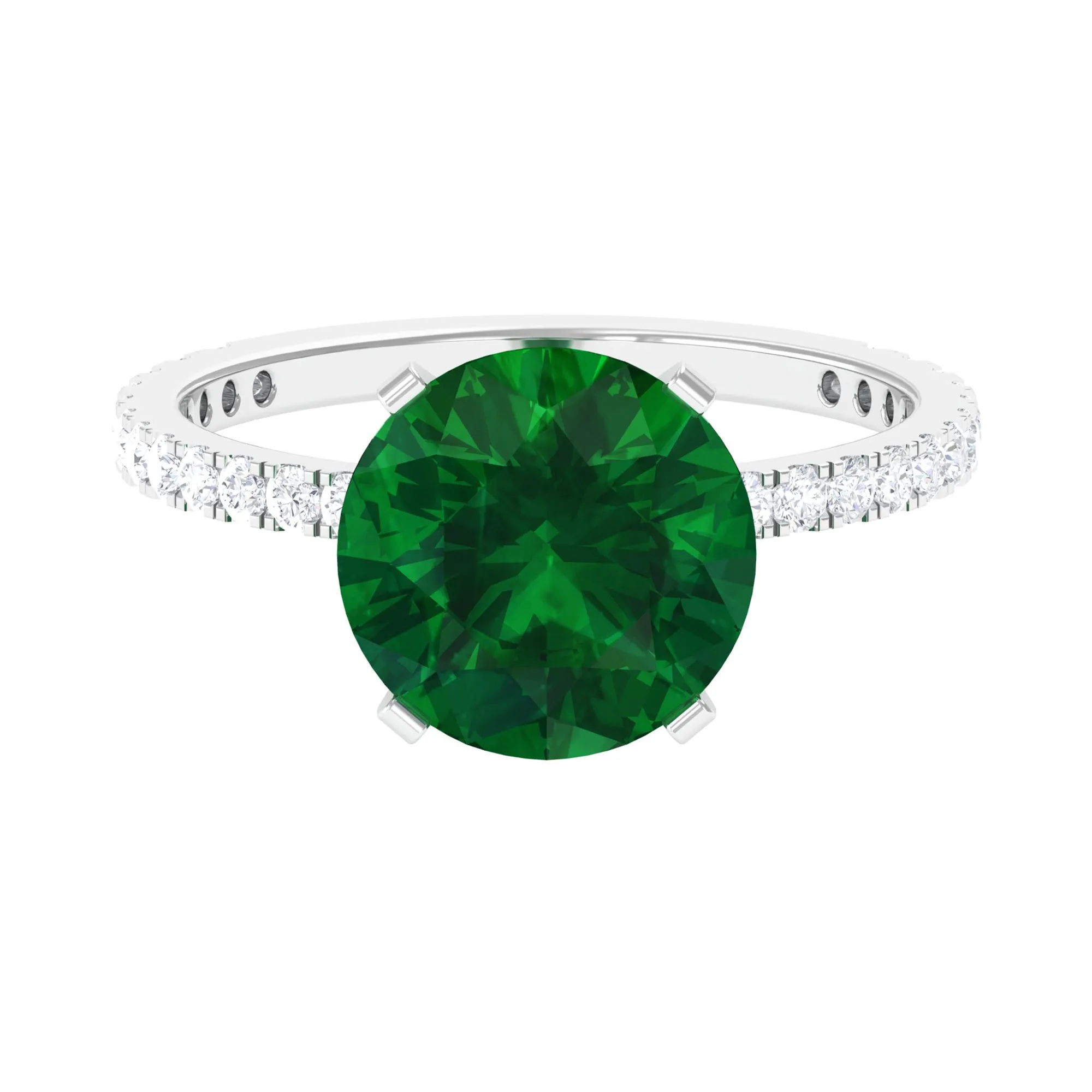 10 MM Round Created Emerald Solitaire Engagement Ring with Diamond