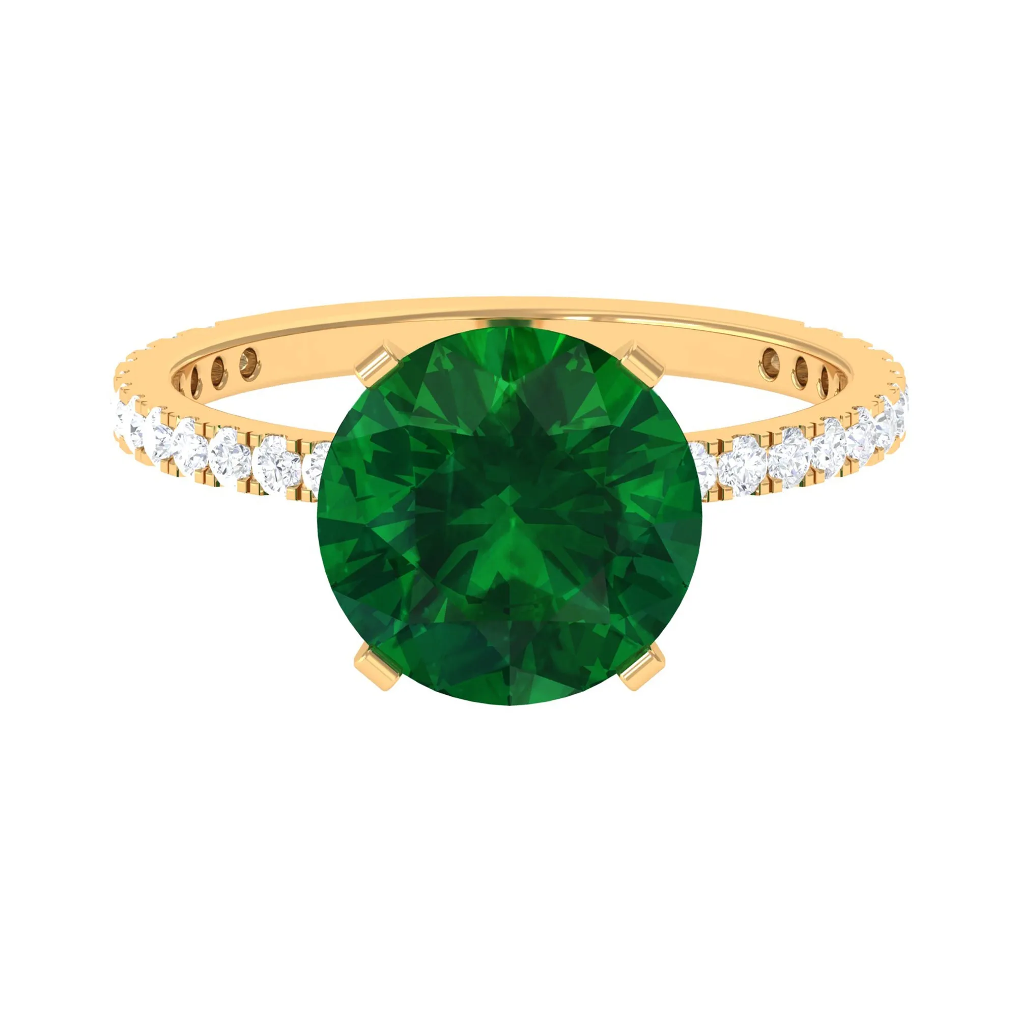 10 MM Round Created Emerald Solitaire Engagement Ring with Diamond