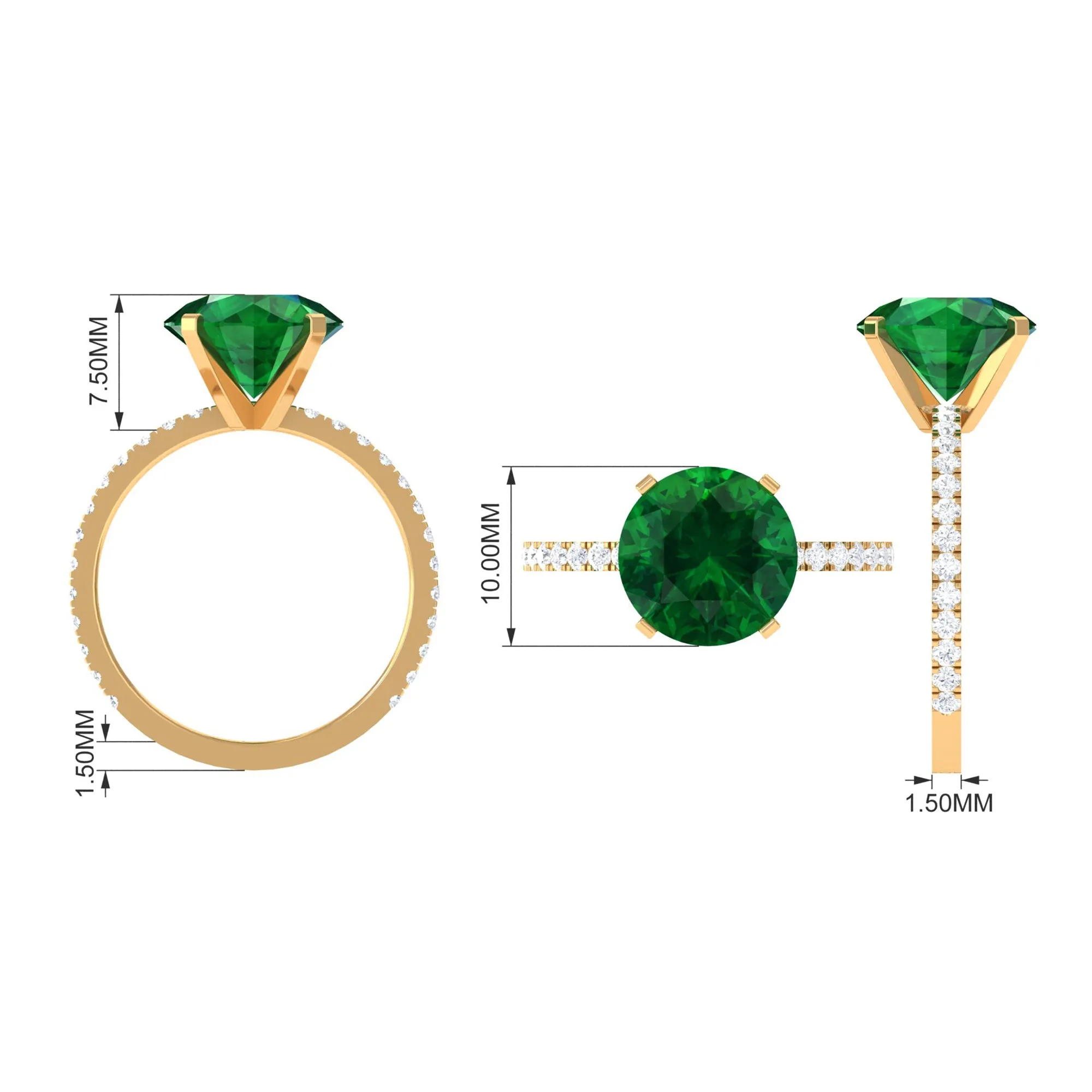 10 MM Round Created Emerald Solitaire Engagement Ring with Diamond