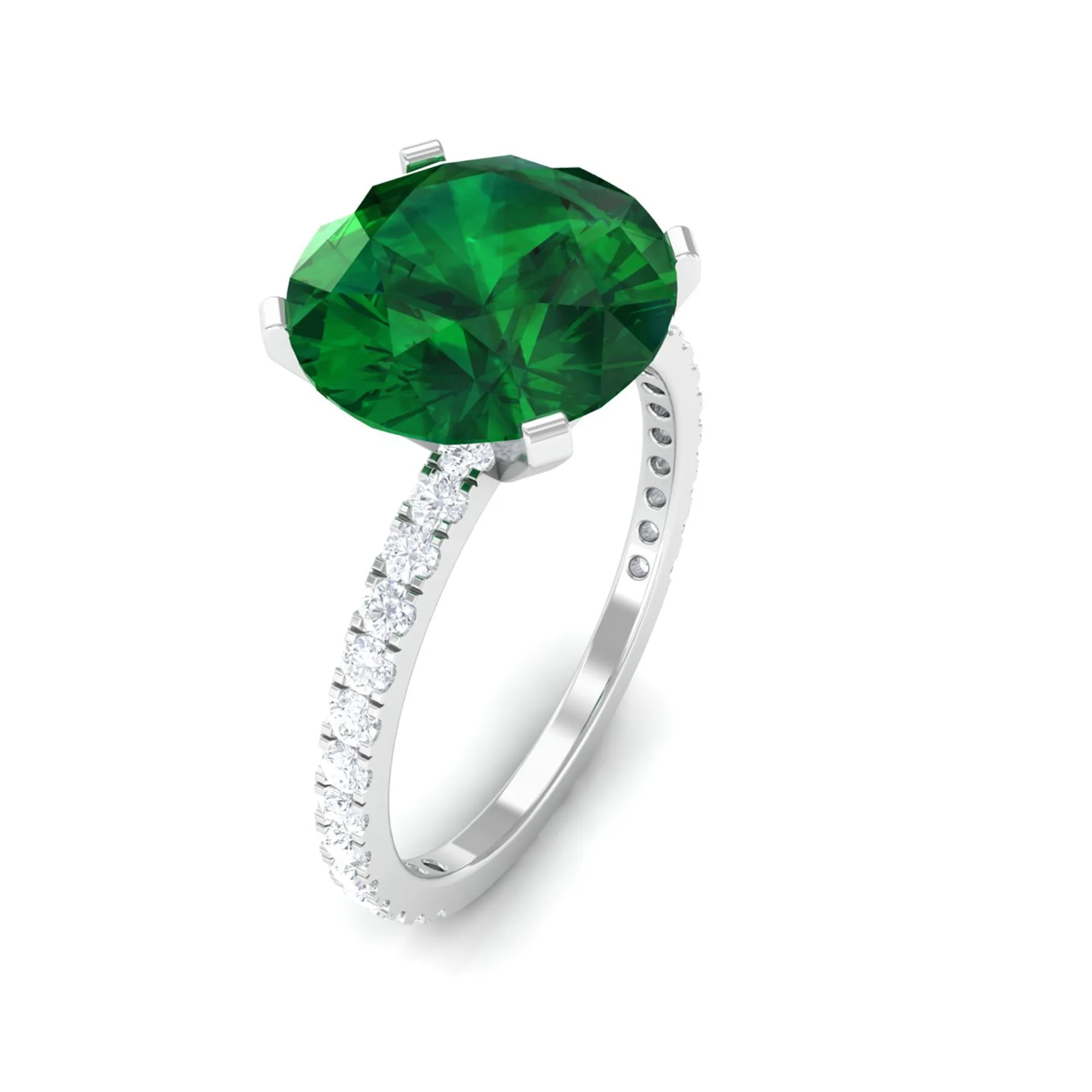 10 MM Round Created Emerald Solitaire Engagement Ring with Diamond