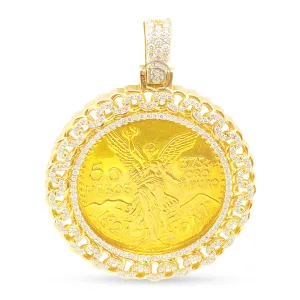 10K Yellow Gold Centenario 50 Pesos Gold Coin Diamond Pendant with Chino Link Bezel