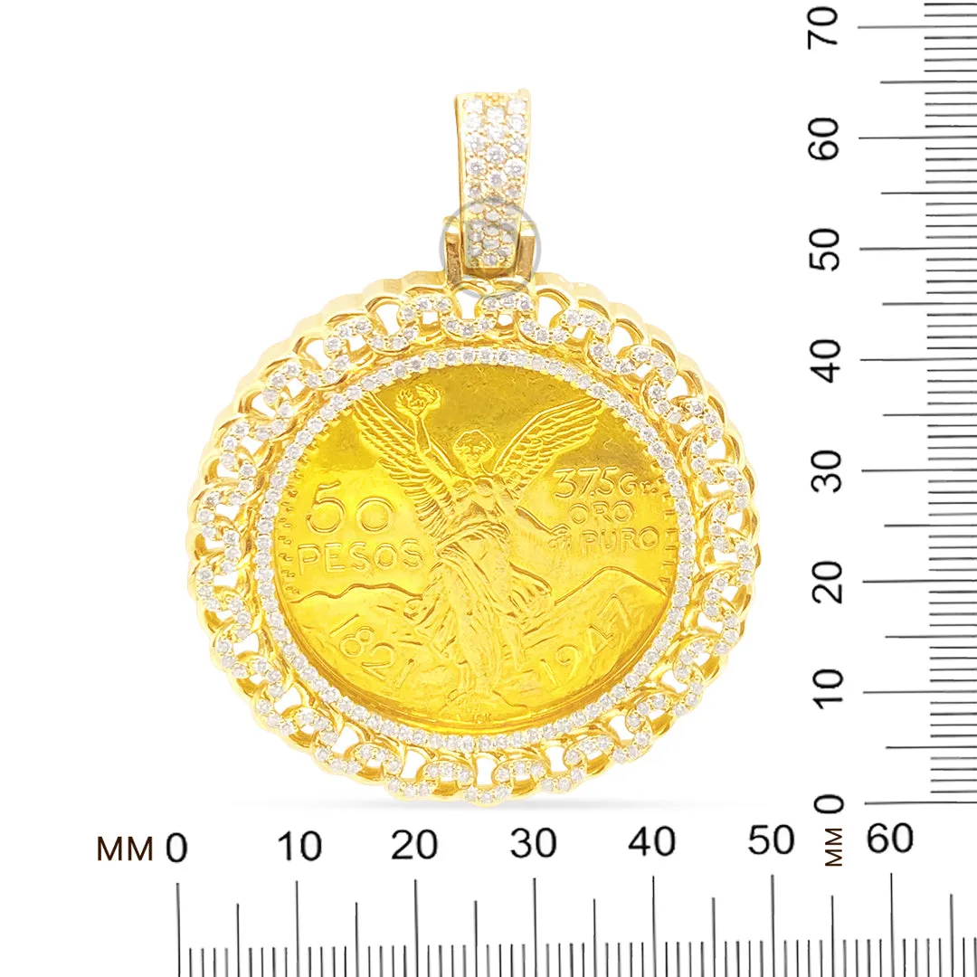 10K Yellow Gold Centenario 50 Pesos Gold Coin Diamond Pendant with Chino Link Bezel