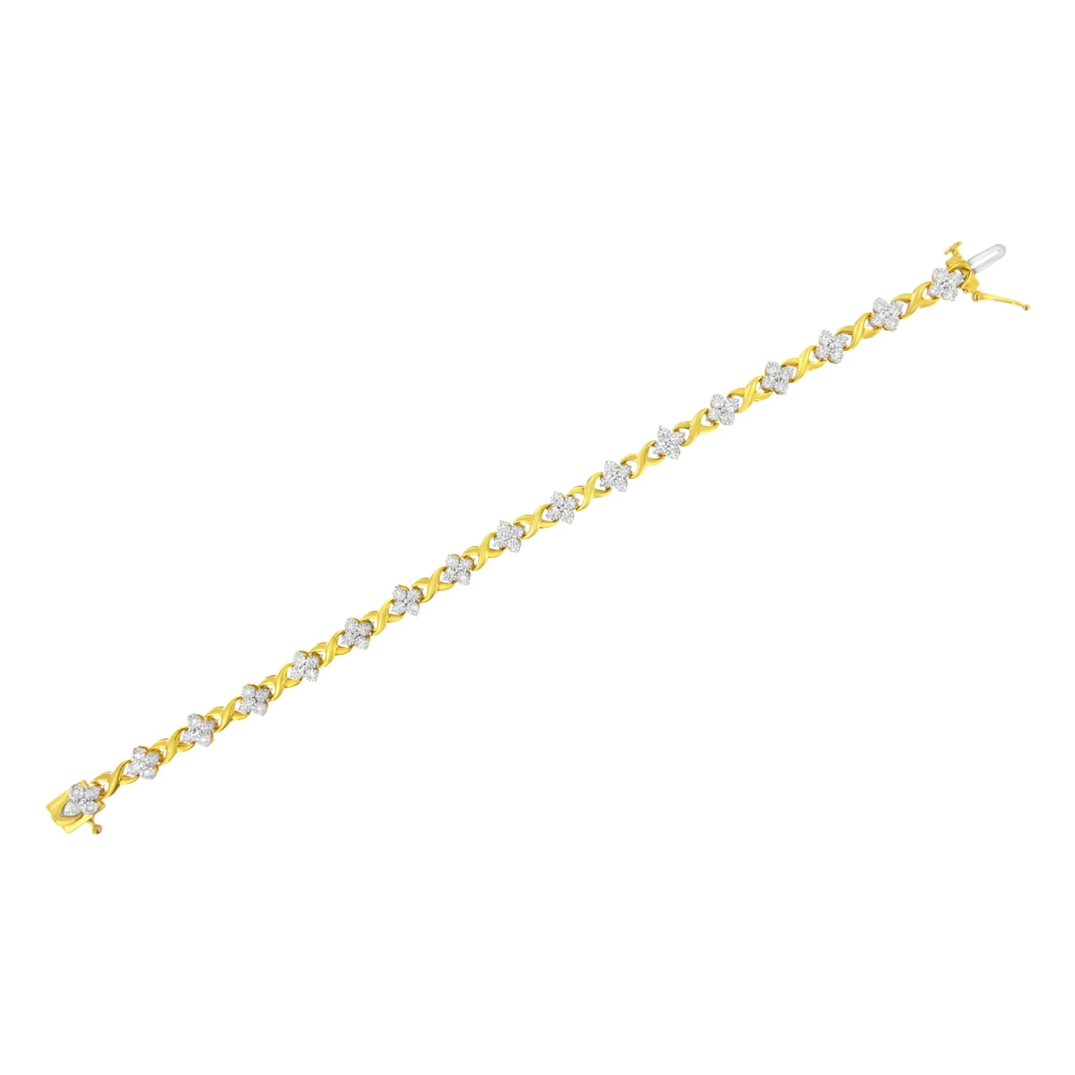 10K Yellow Gold Plated Sterling Silver 1/4 cttw Diamond 4 Leaf Clover Link Tennis Bracelet (I-J Color, I2-I3 Clarity) - Size 7.25"