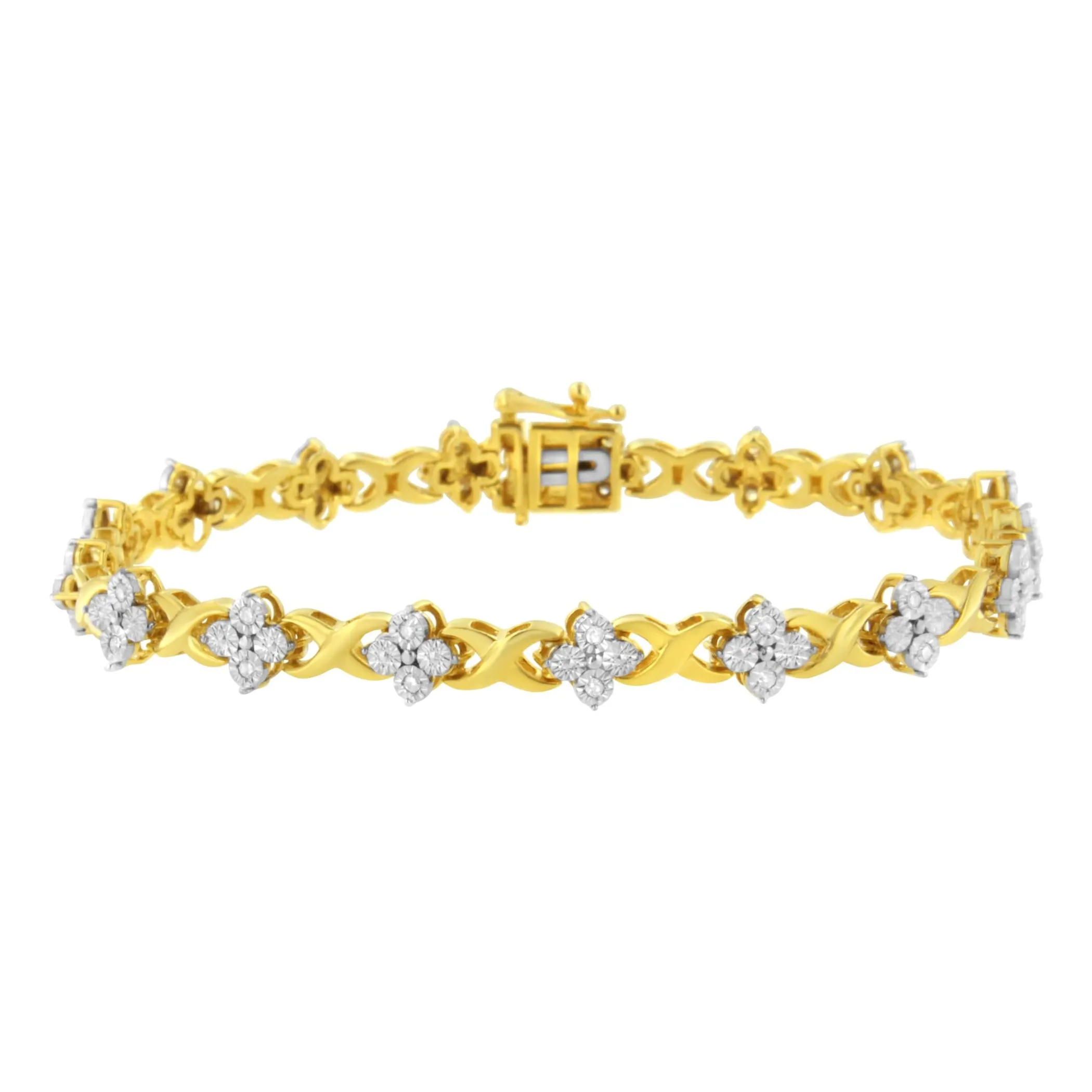 10K Yellow Gold Plated Sterling Silver 1/4 cttw Diamond 4 Leaf Clover Link Tennis Bracelet (I-J Color, I2-I3 Clarity) - Size 7.25"