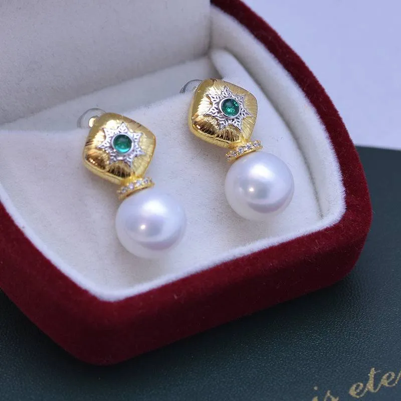 11-12mm Freshwater Pearl & Vintage Green Earrings