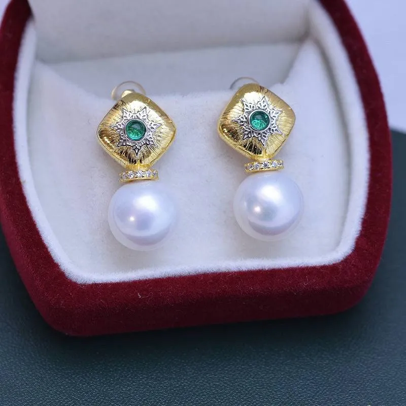 11-12mm Freshwater Pearl & Vintage Green Earrings