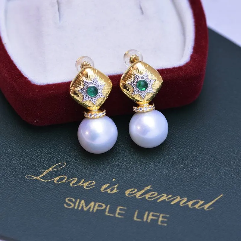 11-12mm Freshwater Pearl & Vintage Green Earrings