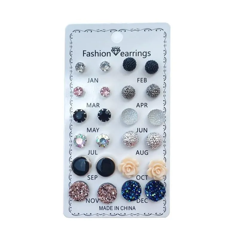 12 pairs set Crystal Fashion Earrings Set Women Jewelry Accessories Piercing Ball Stud Earring