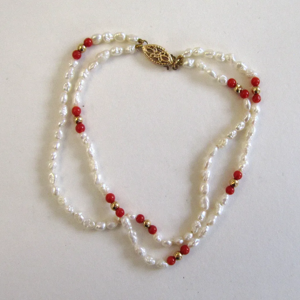 14K Double-Strand Freshwater Rice Pearl and Coral Bracelet