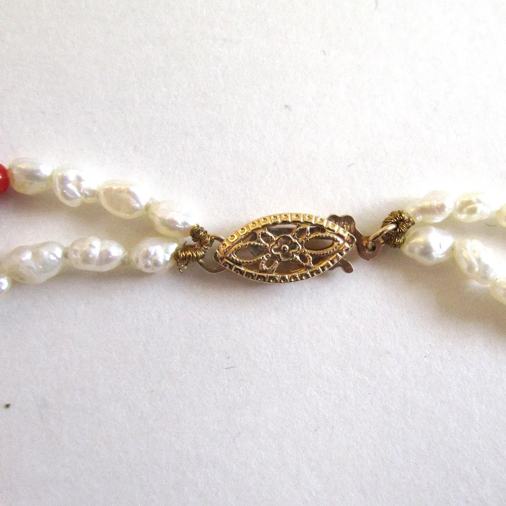 14K Double-Strand Freshwater Rice Pearl and Coral Bracelet