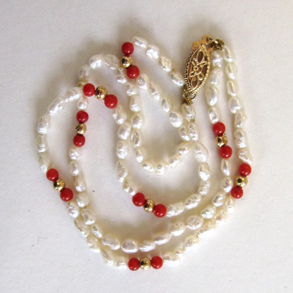 14K Double-Strand Freshwater Rice Pearl and Coral Bracelet