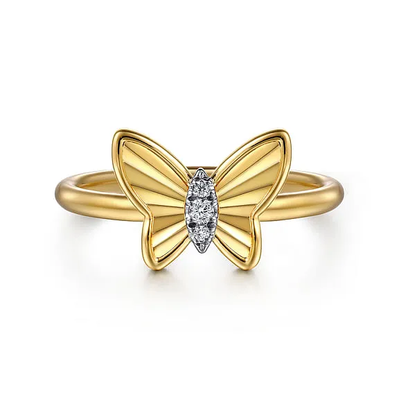 14K Yellow Gold Diamond Diamond Cut Butterfly Ring