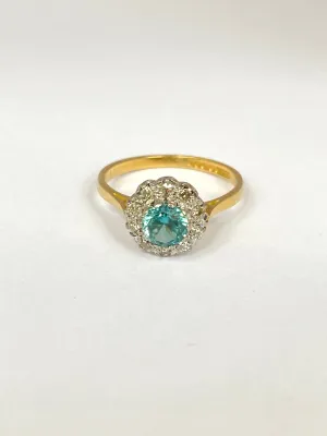 18ct Gold, Vintage Blue Zircon and Diamond Cluster Ring, Hallmarked 18ct Gold Birmingham, 1969