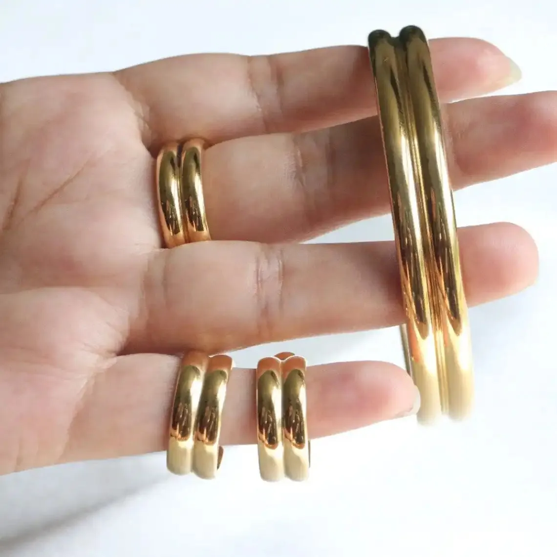 18K Gold Filled Open Cuff Double Band Bangle Ring and Earring Set