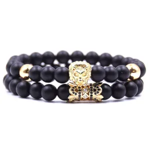 2 Pieces Of Men's Black Micro-inlaid Zircon Bracelet Set  With Beast, King, Lion Head For Couples