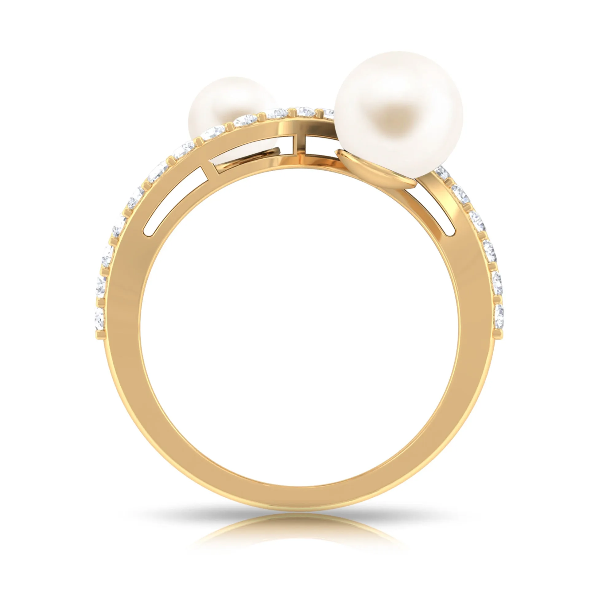 2 Stone Freshwater Pearl Cocktail Ring with Diamond Curved Band