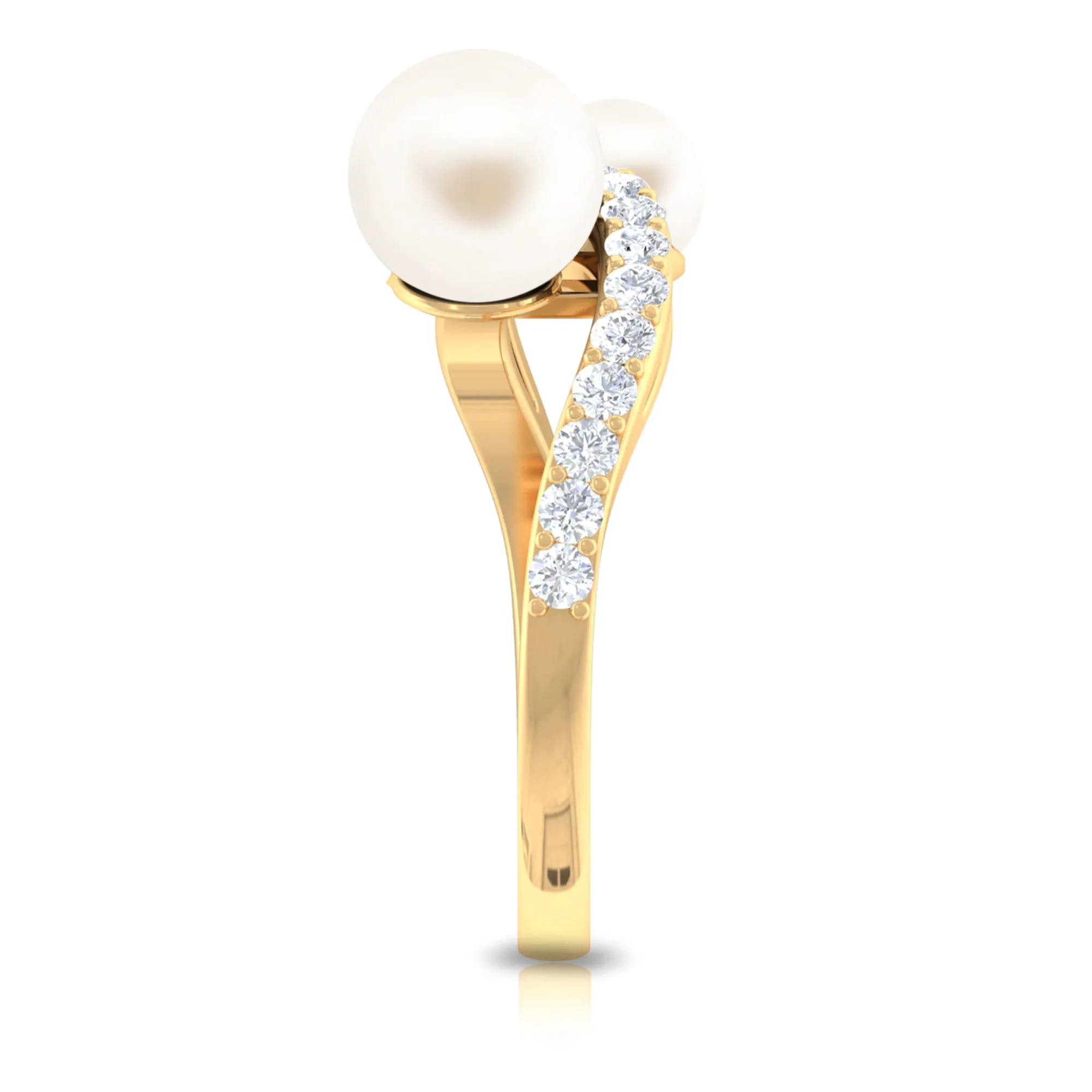 2 Stone Freshwater Pearl Cocktail Ring with Diamond Curved Band