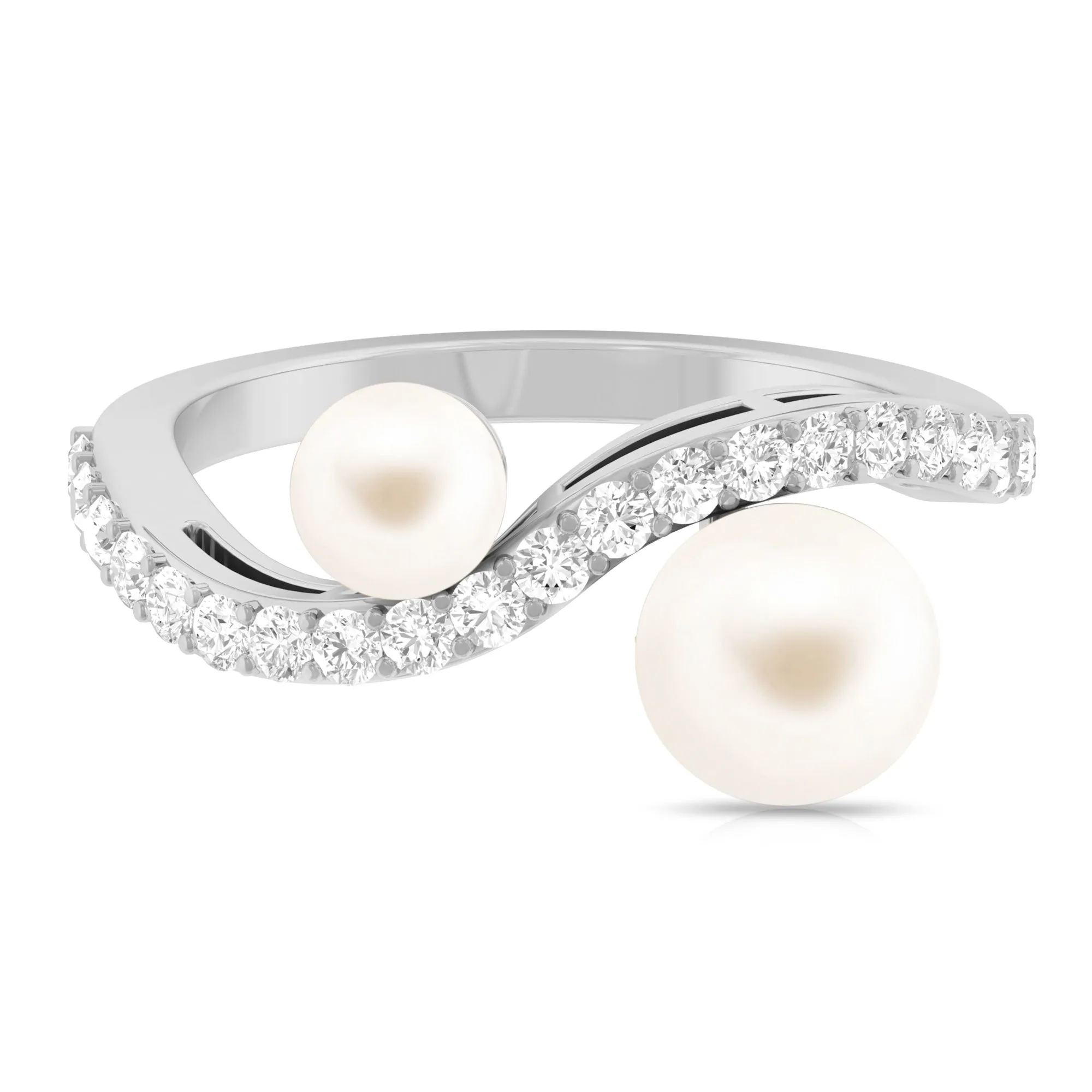 2 Stone Freshwater Pearl Cocktail Ring with Diamond Curved Band