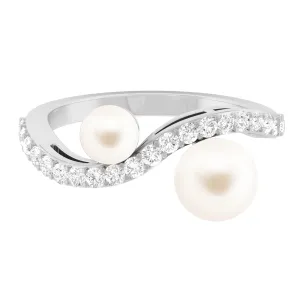 2 Stone Freshwater Pearl Cocktail Ring with Diamond Curved Band