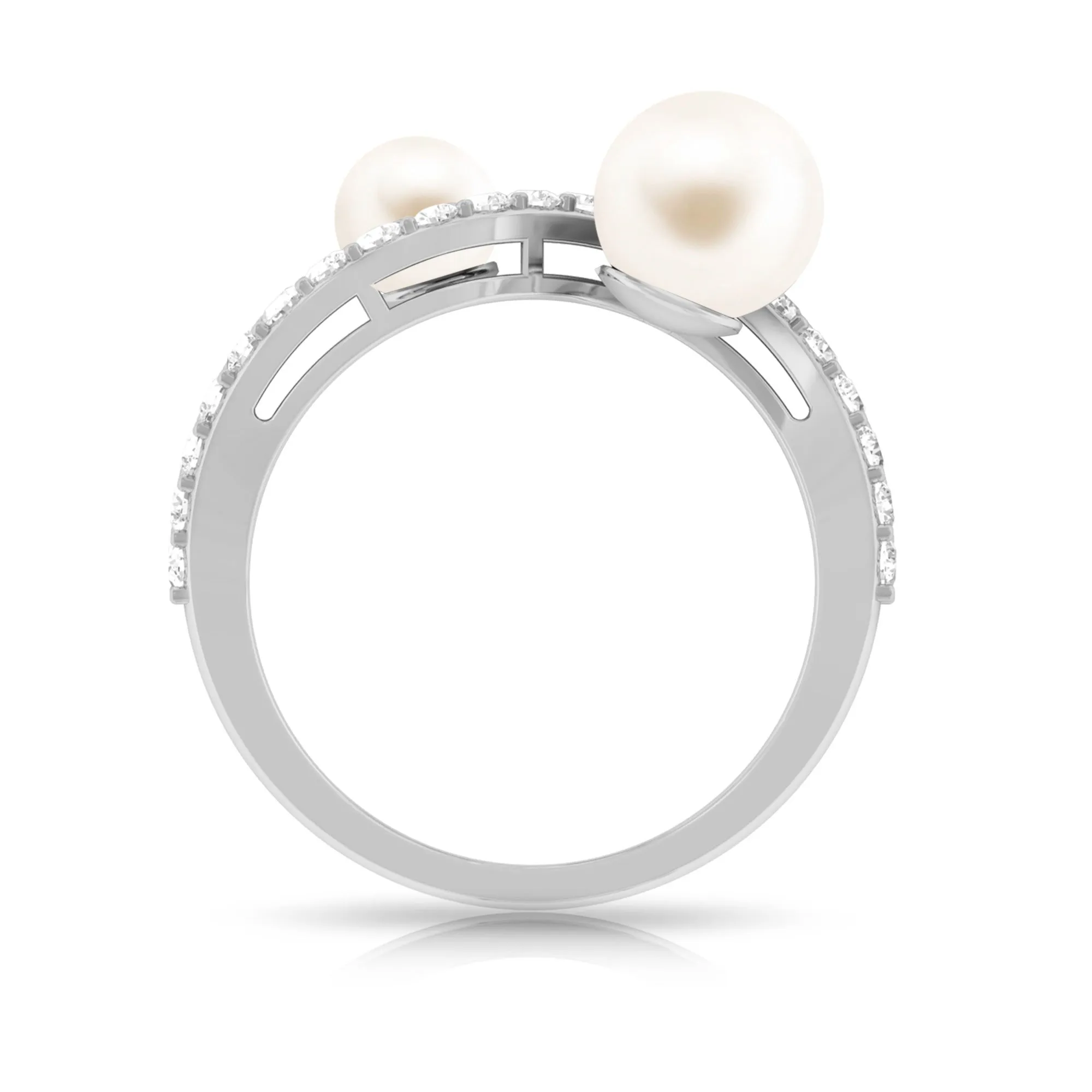 2 Stone Freshwater Pearl Cocktail Ring with Diamond Curved Band