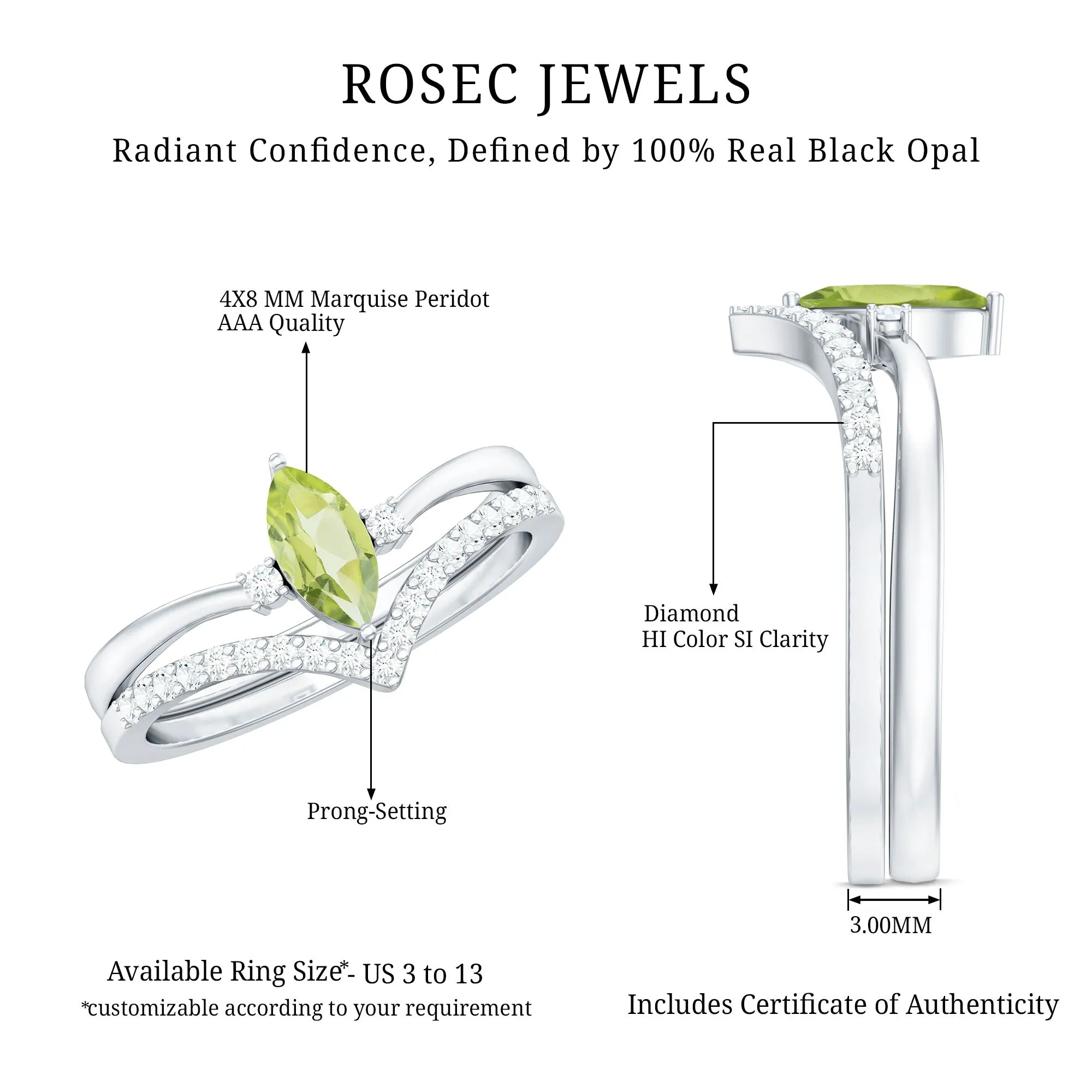 3/4 CT Natural Peridot Solitaire Ring Set with Diamond Band