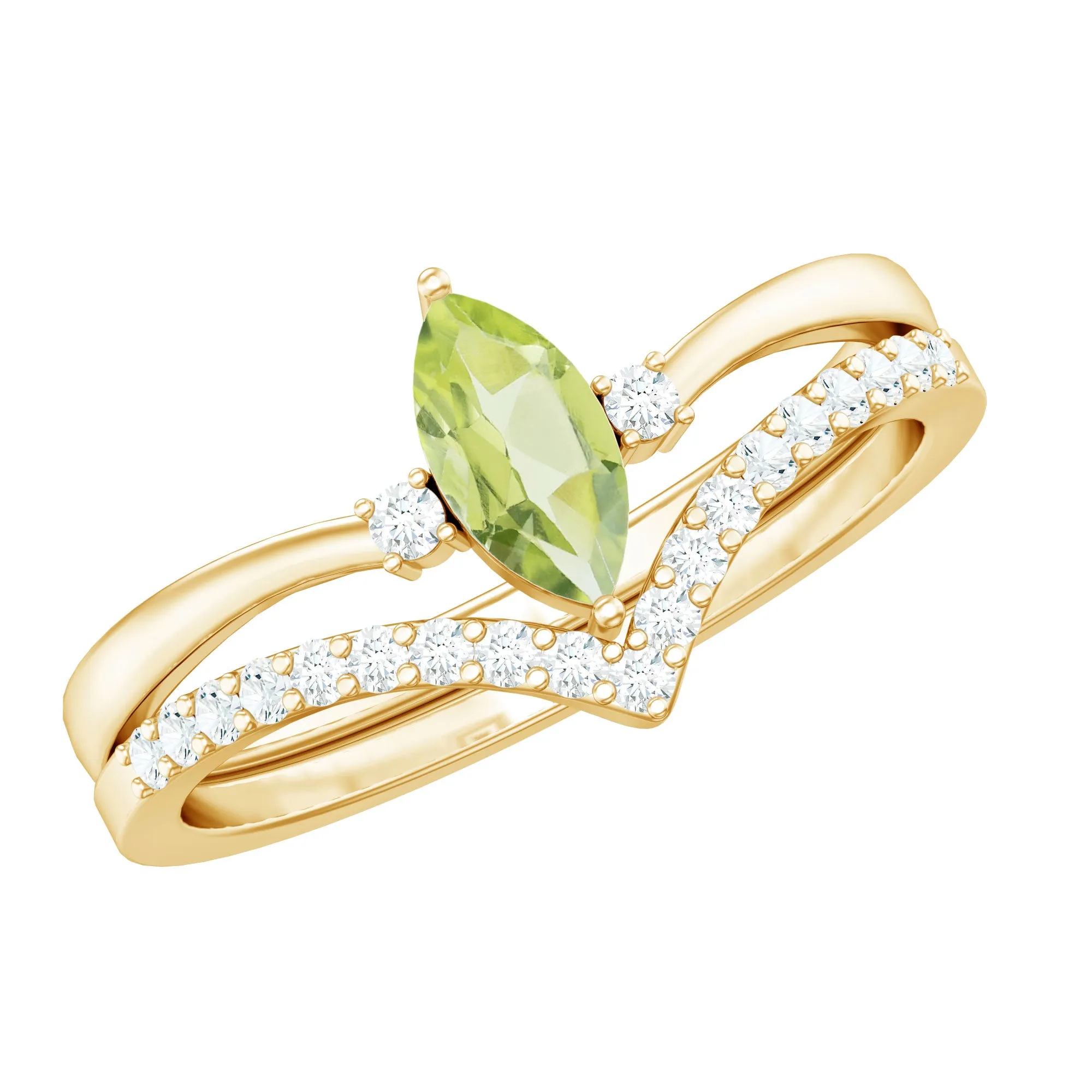 3/4 CT Natural Peridot Solitaire Ring Set with Diamond Band