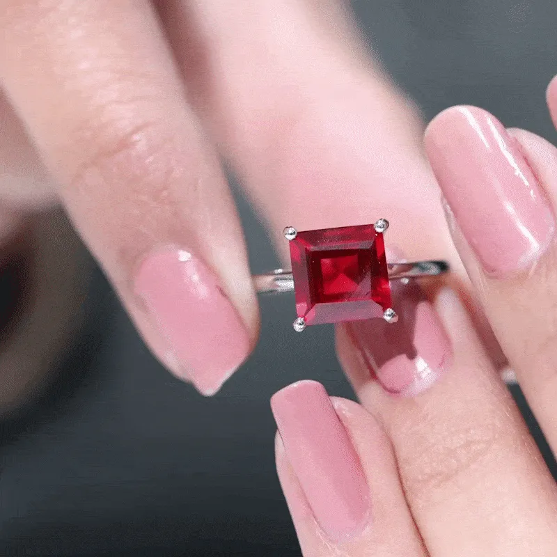 8.00 MM Princess Cut Created Ruby Solitaire Ring