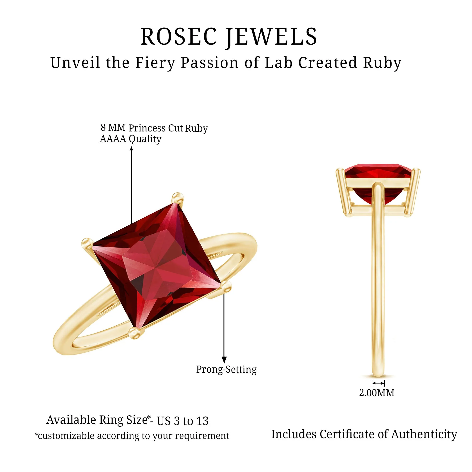 8.00 MM Princess Cut Created Ruby Solitaire Ring