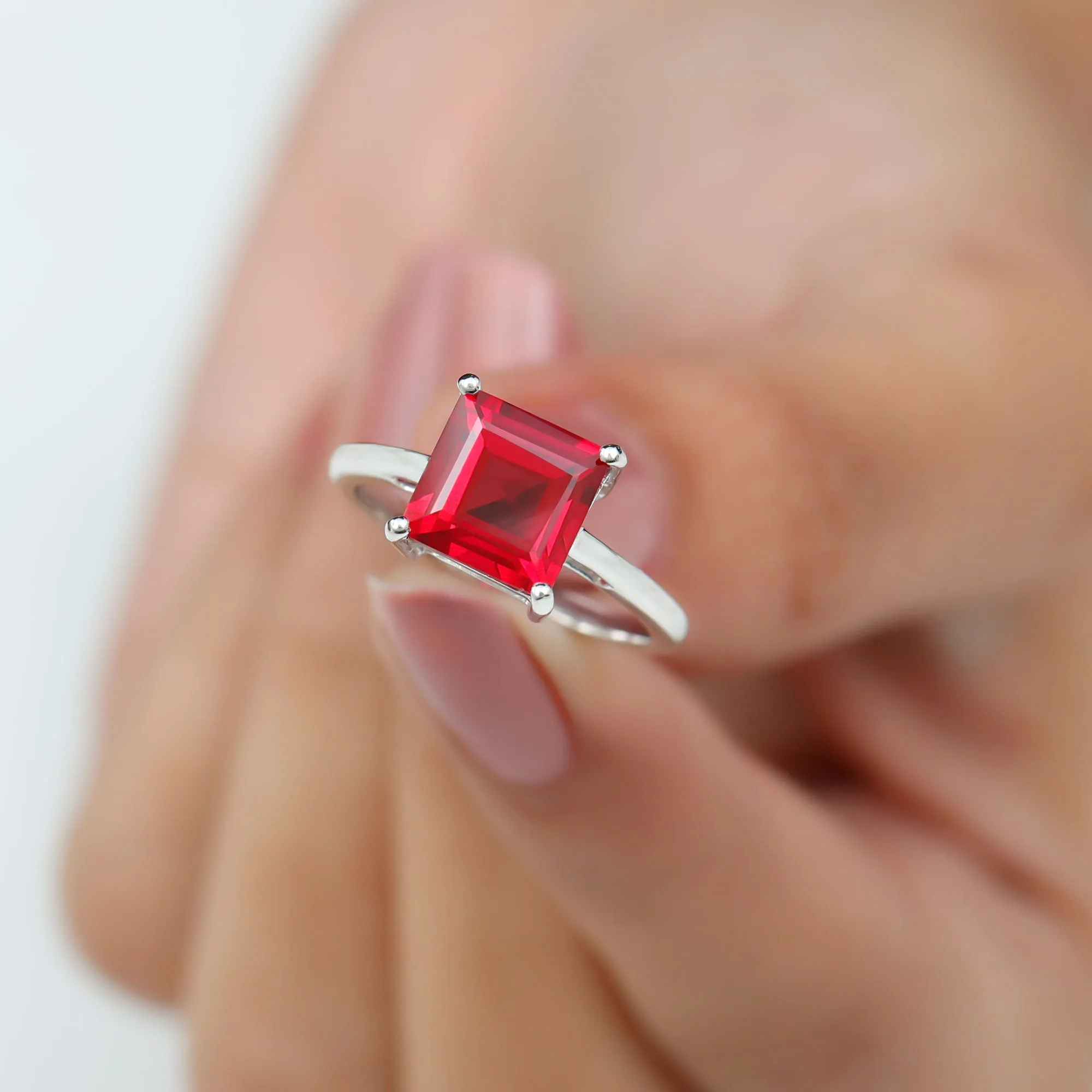 8.00 MM Princess Cut Created Ruby Solitaire Ring