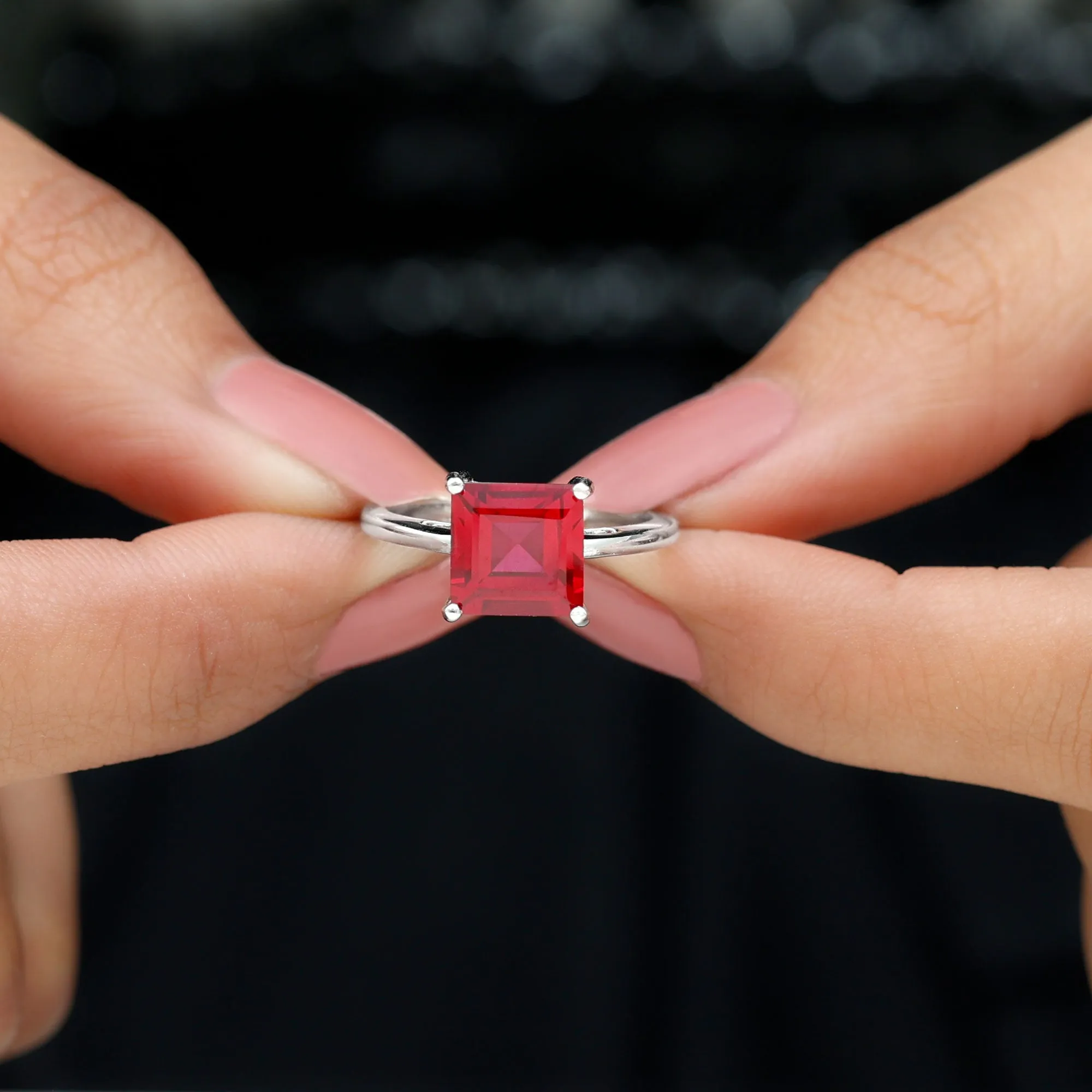 8.00 MM Princess Cut Created Ruby Solitaire Ring