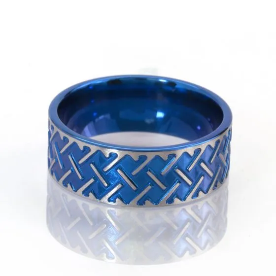 8mm Blue Heart Beat Anodized Ring, Titanium Ring