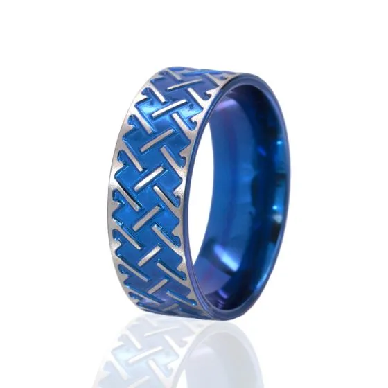 8mm Blue Heart Beat Anodized Ring, Titanium Ring