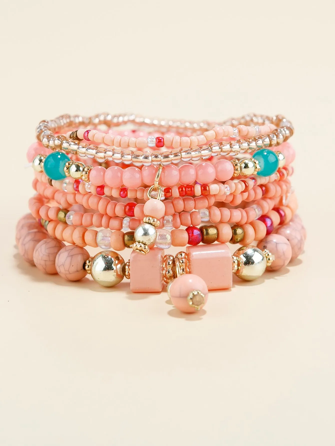 8pcs Colorful Coral Pink Beaded Bracelet Stackable Stretch Bracelets Creative