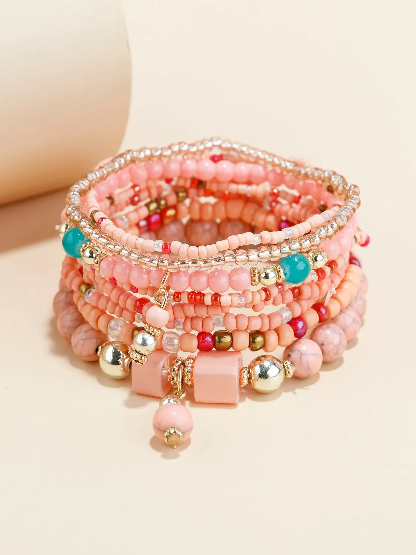 8pcs Colorful Coral Pink Beaded Bracelet Stackable Stretch Bracelets Creative