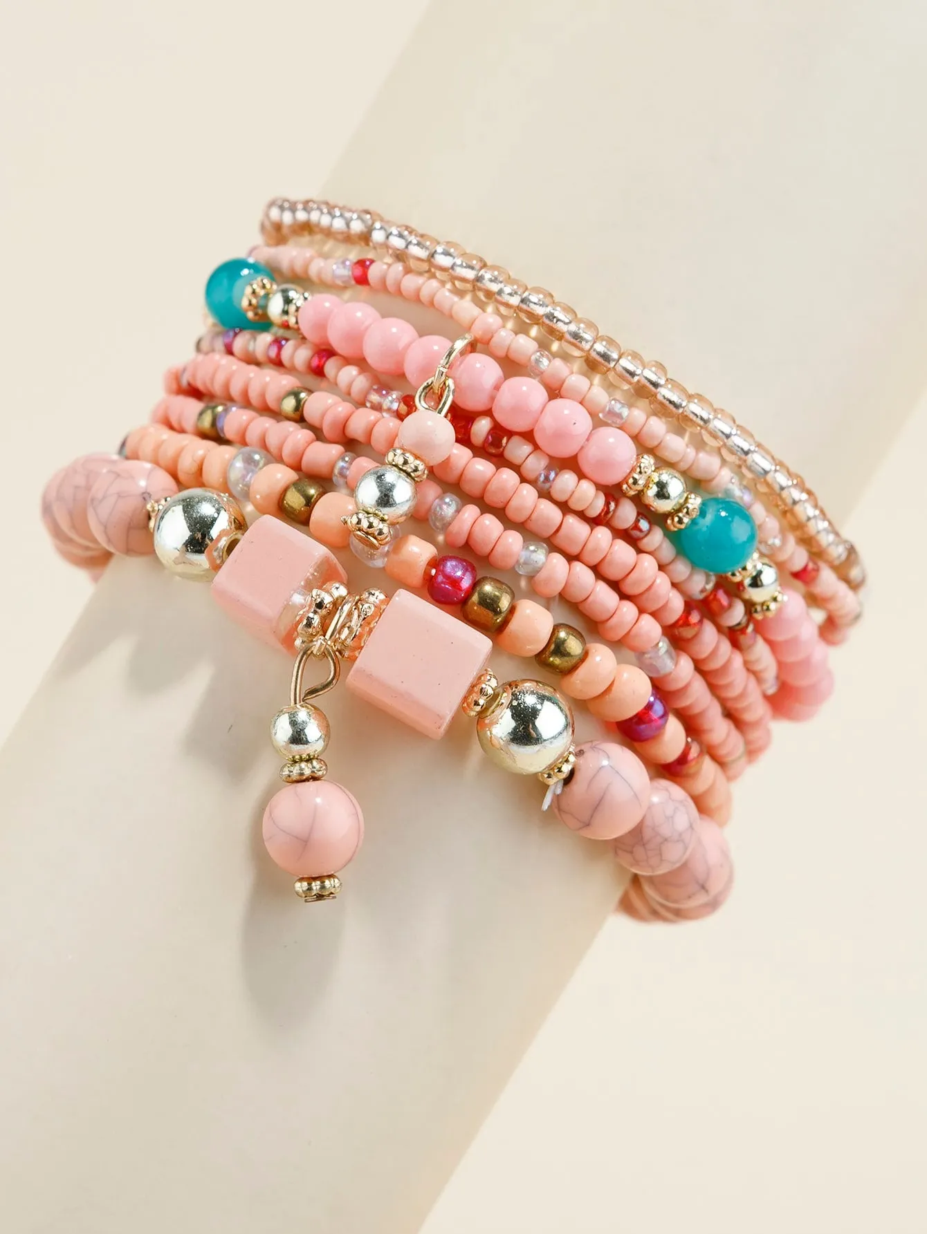 8pcs Colorful Coral Pink Beaded Bracelet Stackable Stretch Bracelets Creative