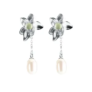 925 Silver Lotus Pearl Prehnite Earrings