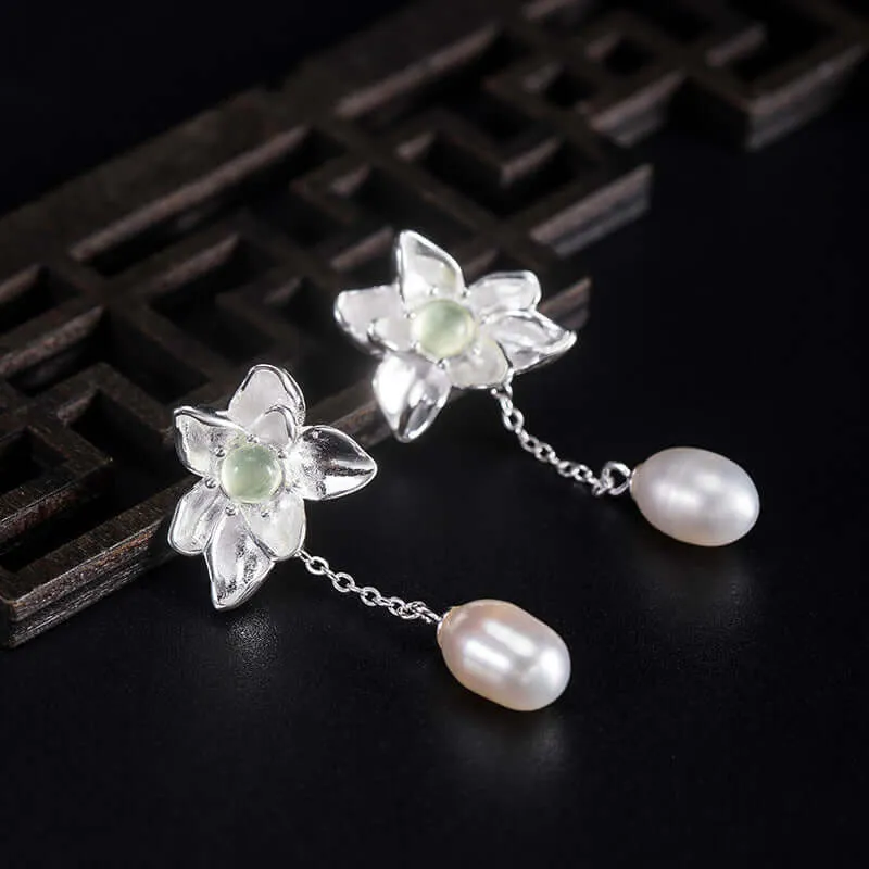 925 Silver Lotus Pearl Prehnite Earrings