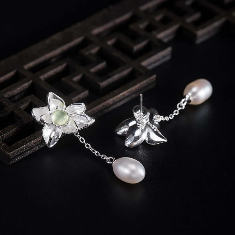 925 Silver Lotus Pearl Prehnite Earrings