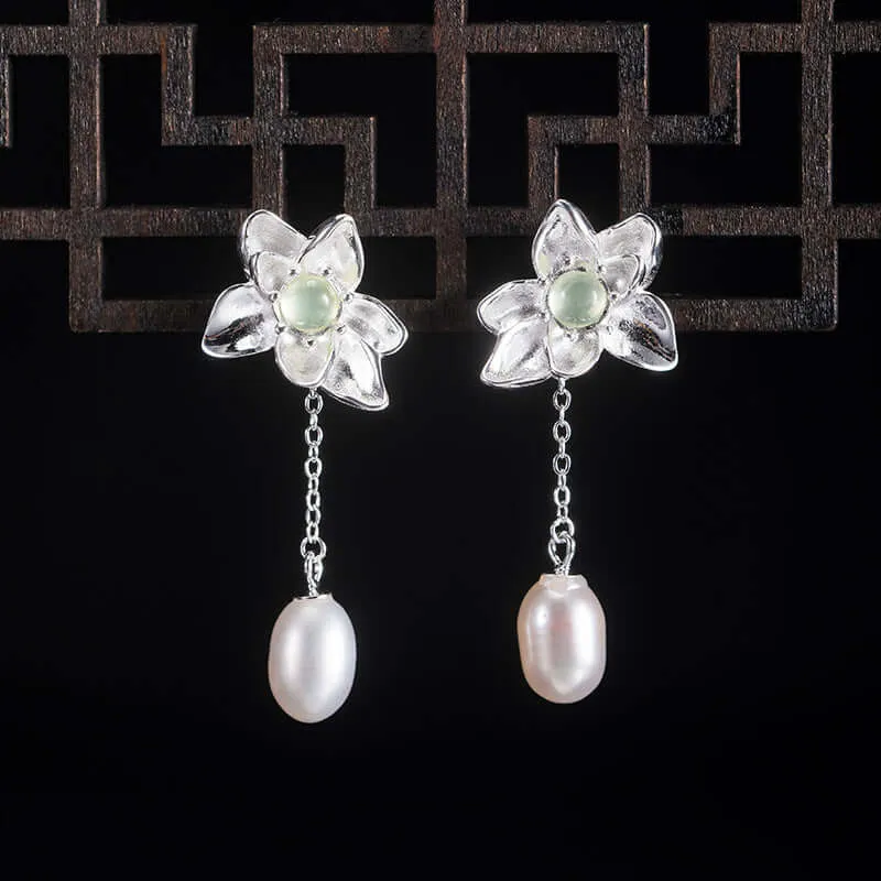 925 Silver Lotus Pearl Prehnite Earrings