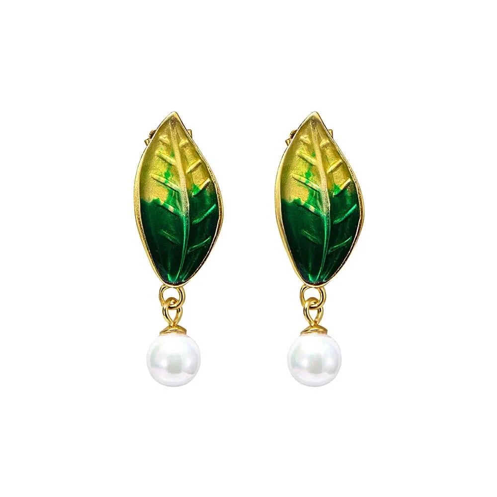 925 Silver Yellow Green Gradient Leaf Pearl Earrings