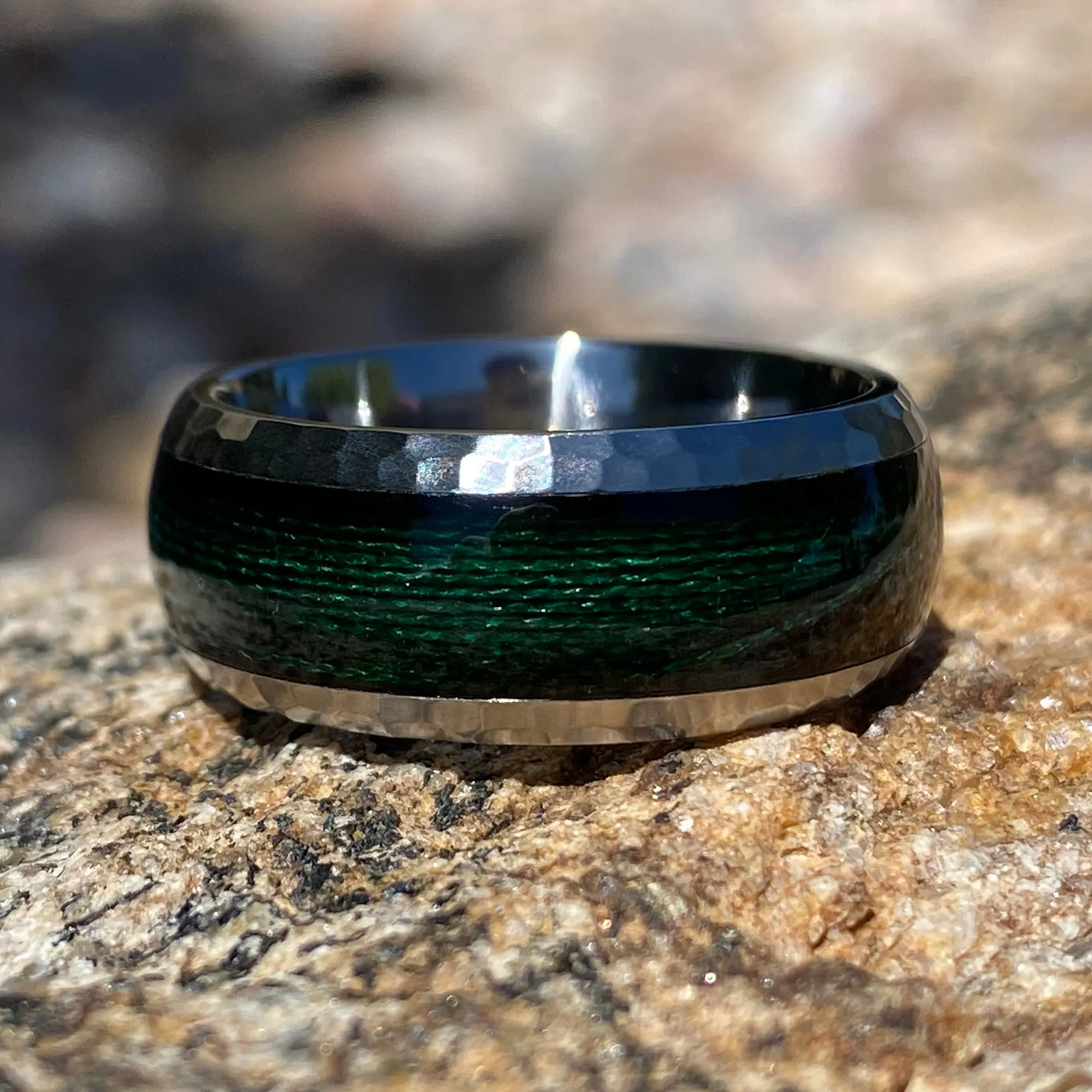 9mm Men's Titanium Ring - Green Fishing Line Inlay - Hammered Finish - Comfort Fit - Mens Wedding Band - Fishing Ring - Titanium Wedding Band