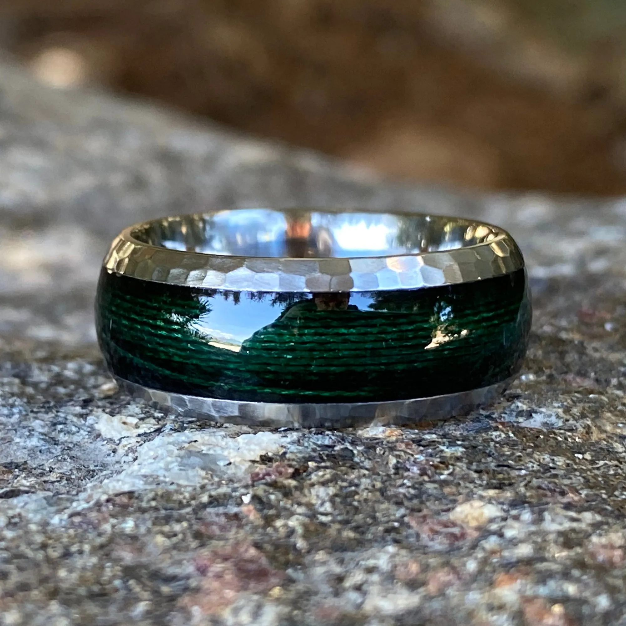 9mm Men's Titanium Ring - Green Fishing Line Inlay - Hammered Finish - Comfort Fit - Mens Wedding Band - Fishing Ring - Titanium Wedding Band