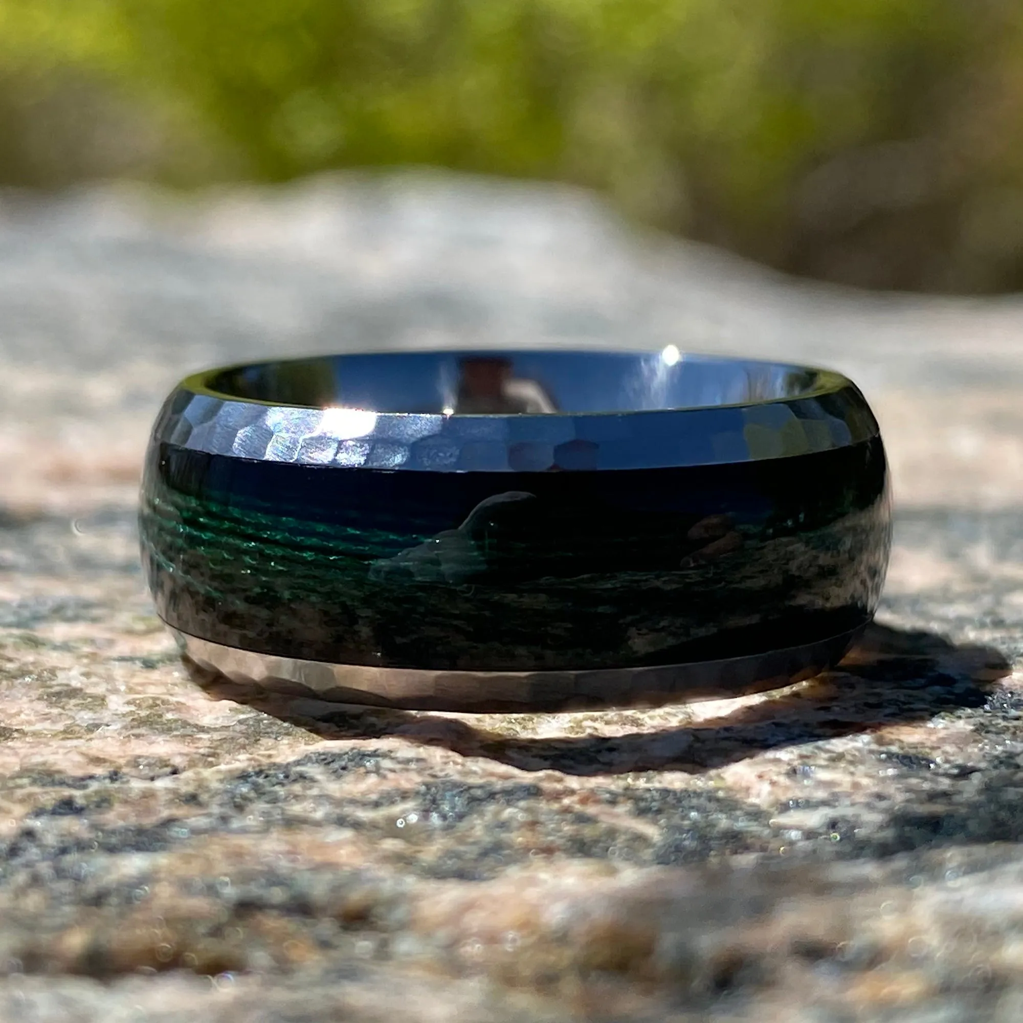 9mm Men's Titanium Ring - Green Fishing Line Inlay - Hammered Finish - Comfort Fit - Mens Wedding Band - Fishing Ring - Titanium Wedding Band