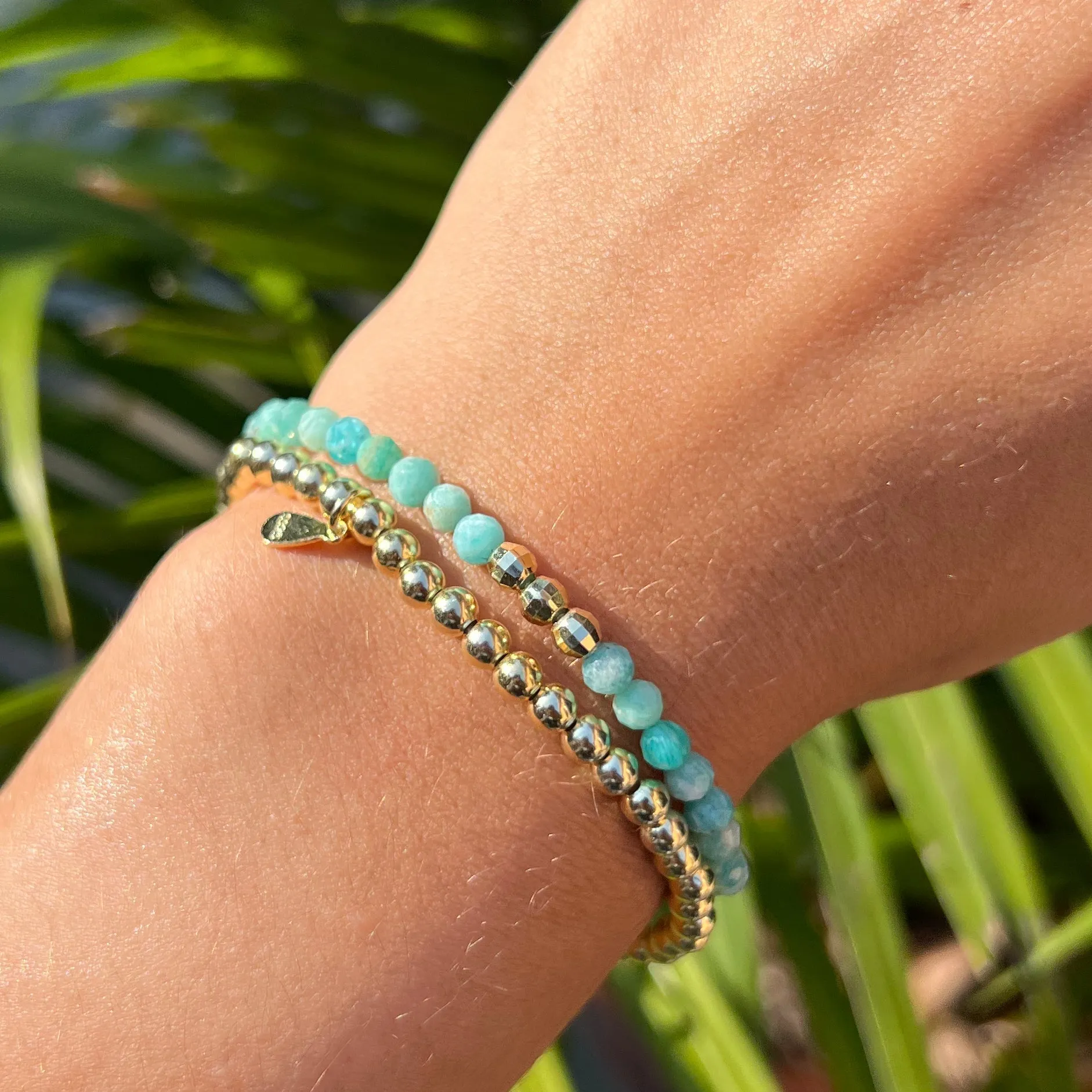 Amazonite And Gold Beaded Bracelet Stack 4mm