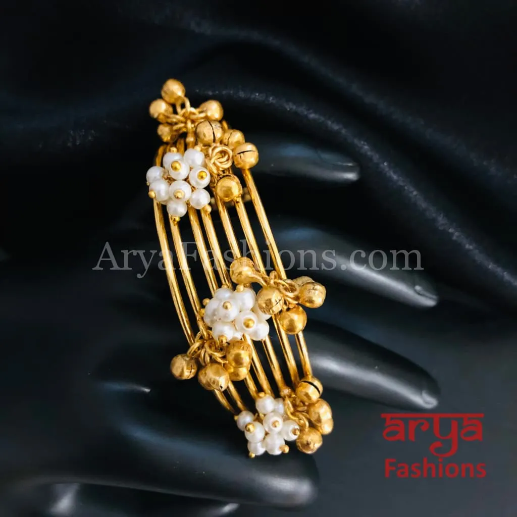 Amiera Pearl and golden beads Designer Cuff Bracelet / Golden Ethnic Bracelet