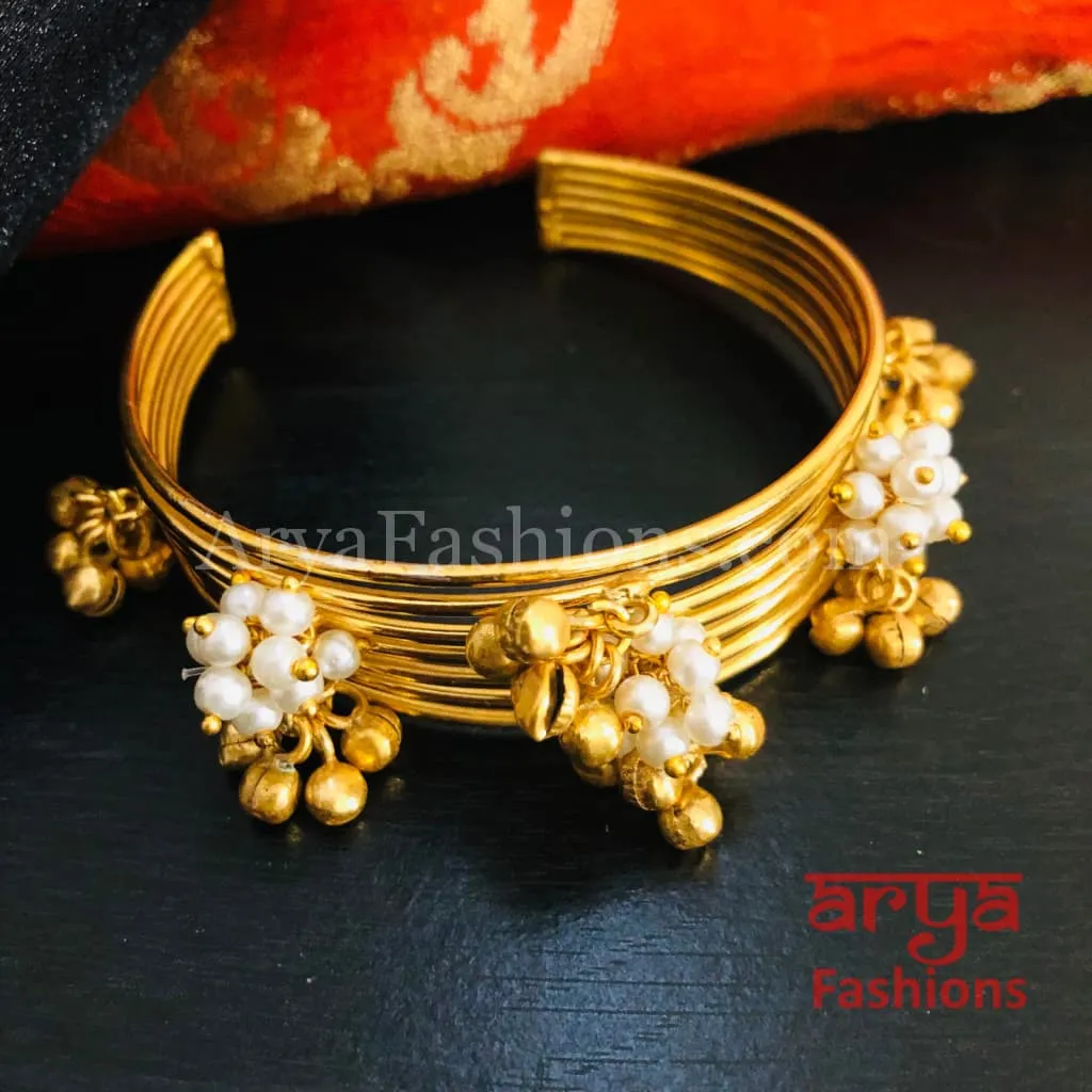 Amiera Pearl and golden beads Designer Cuff Bracelet / Golden Ethnic Bracelet