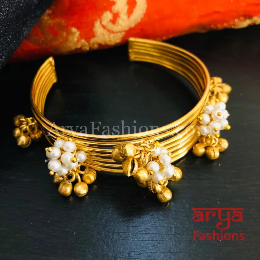 Amiera Pearl and golden beads Designer Cuff Bracelet / Golden Ethnic Bracelet