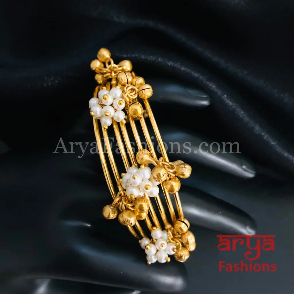 Amiera Pearl and golden beads Designer Cuff Bracelet / Golden Ethnic Bracelet