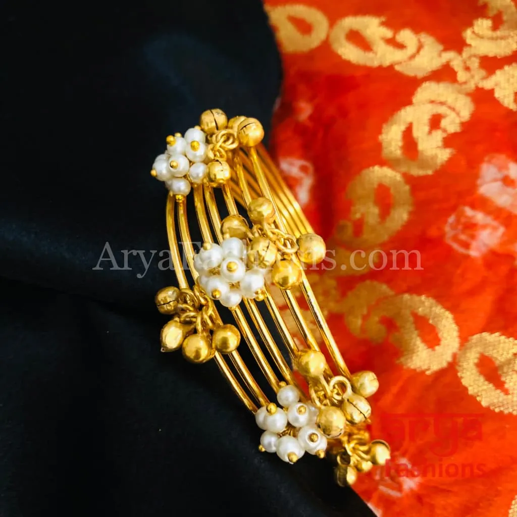 Amiera Pearl and golden beads Designer Cuff Bracelet / Golden Ethnic Bracelet